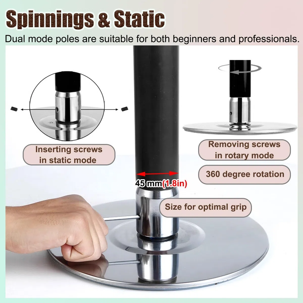 Barre de danse en silicone de 45 mm – Réglable, rotative et statique, protection de plafond amovible, équipement de fitness à domicile pour le yoga, la danse et les séances d'entraînement en