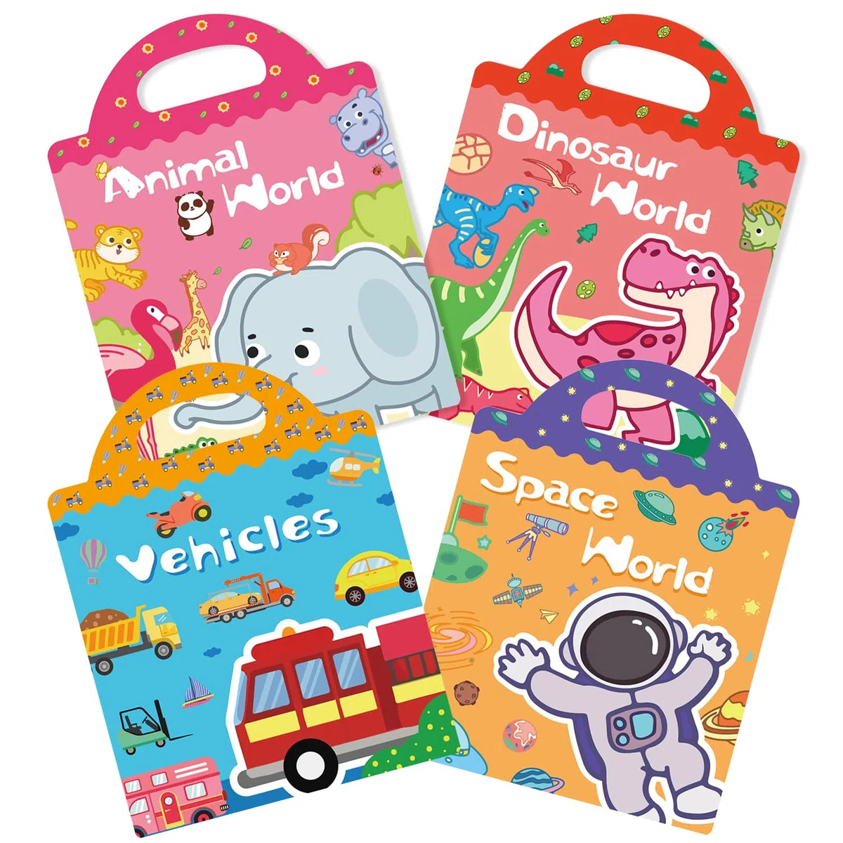 GUYUCOM Paquet de 4 Gommettes repositionnables pour enfants, Livre d'autocollants autocollants réutilisables, dinosaures + animaux + espace + véhicules - jouets éducatifs de voyage cadeaux Dès 2 ans
