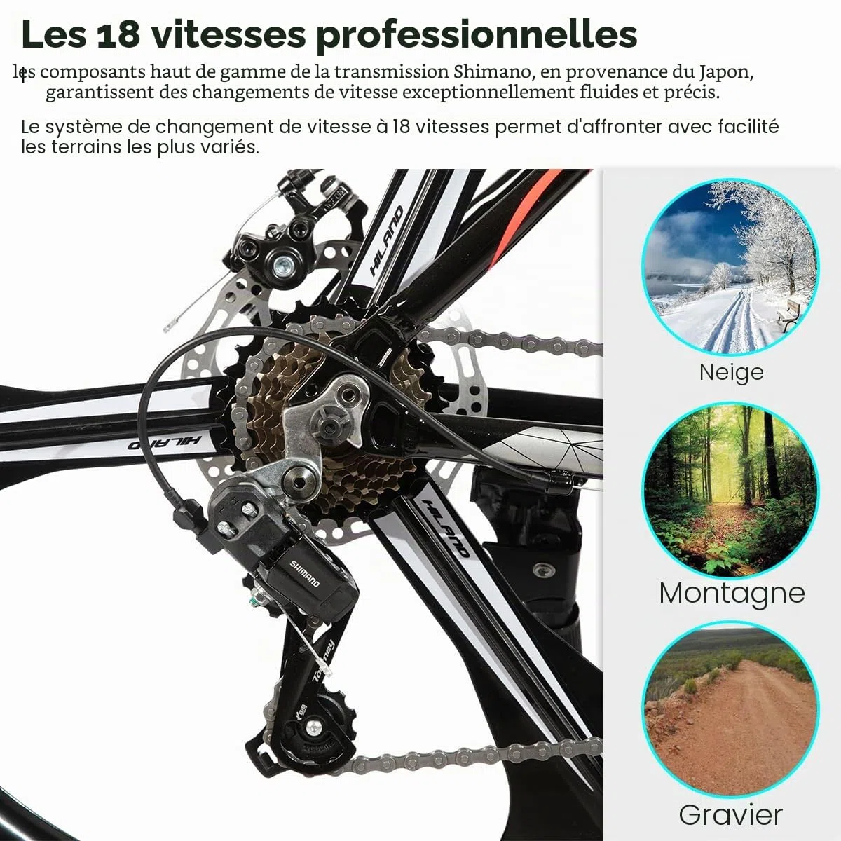 Hiland Mountain Bike pour adultes 26 pouces, freins à disque avant et arrière, 3/6 rayons, 18 vitesses, unisexe, fourche, amortissement, cadre en aluminium léger