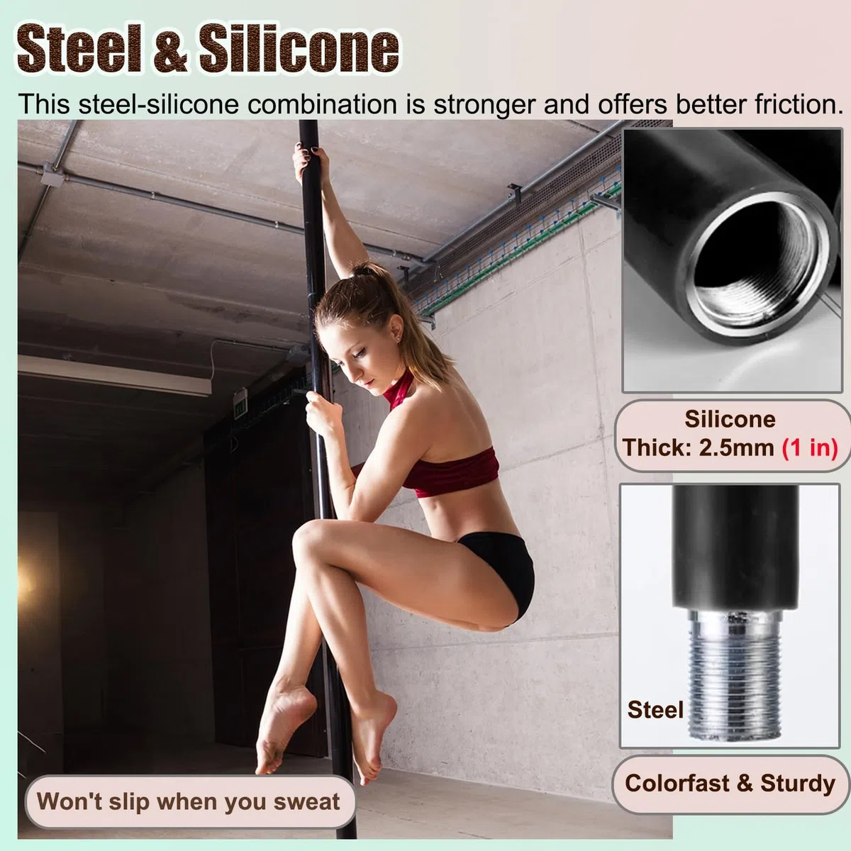 Barre de danse en silicone de 45 mm – Réglable, rotative et statique, protection de plafond amovible, équipement de fitness à domicile pour le yoga, la danse et les séances d'entraînement en