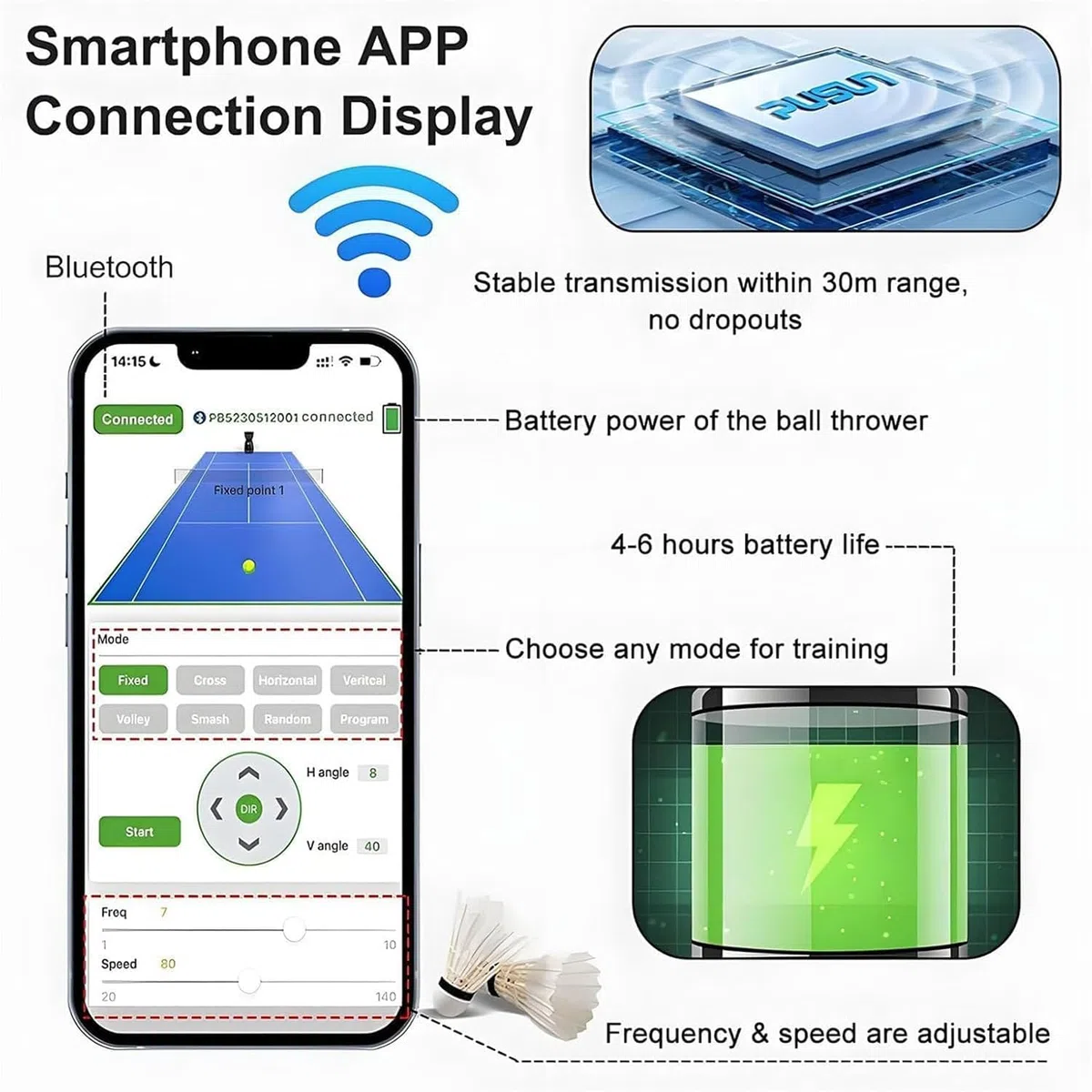 Lanceur de badminton avec télécommande, mangeoire réglable, hauteur d'entraînement de 7 m – Idéal pour la pratique et le développement des compétences