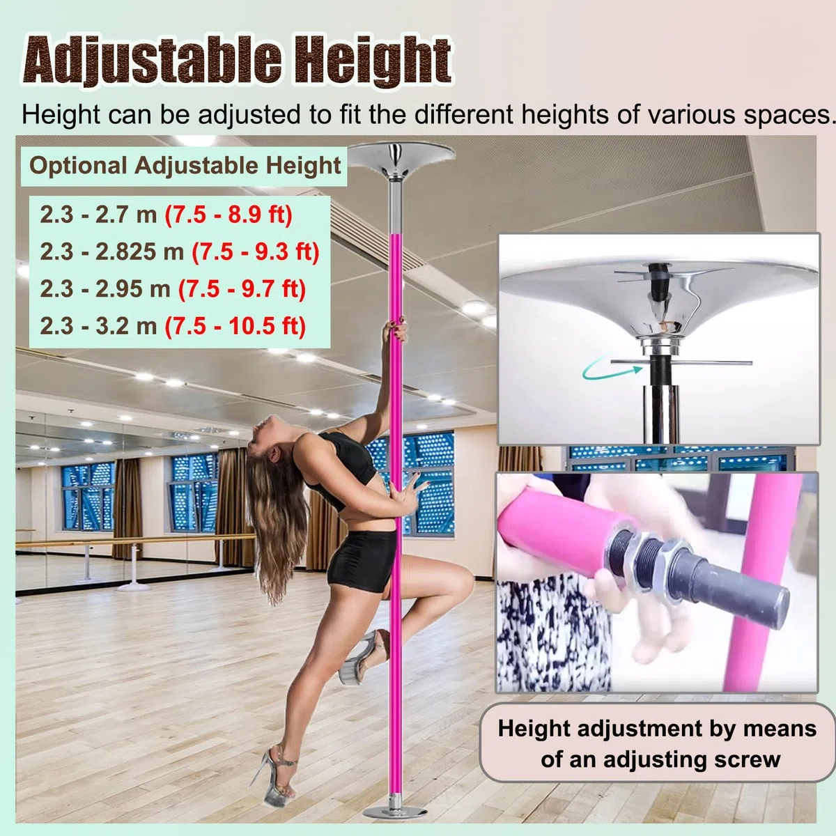 Barre de danse en silicone de 45 mm – Réglable, rotative et statique, protection de plafond amovible, équipement de fitness à domicile pour le yoga, la danse et les séances d'entraînement en