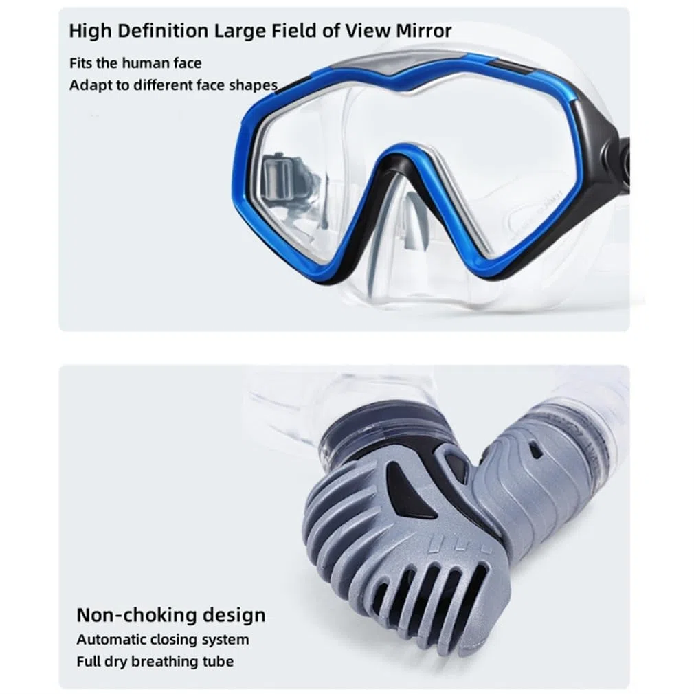 Équipement de plongée avec tuba pour adultes et jeunes, ensemble de tuba en silicone de qualité, tube de respiration entièrement sec et système de fermeture automatique, masque de plongée pour