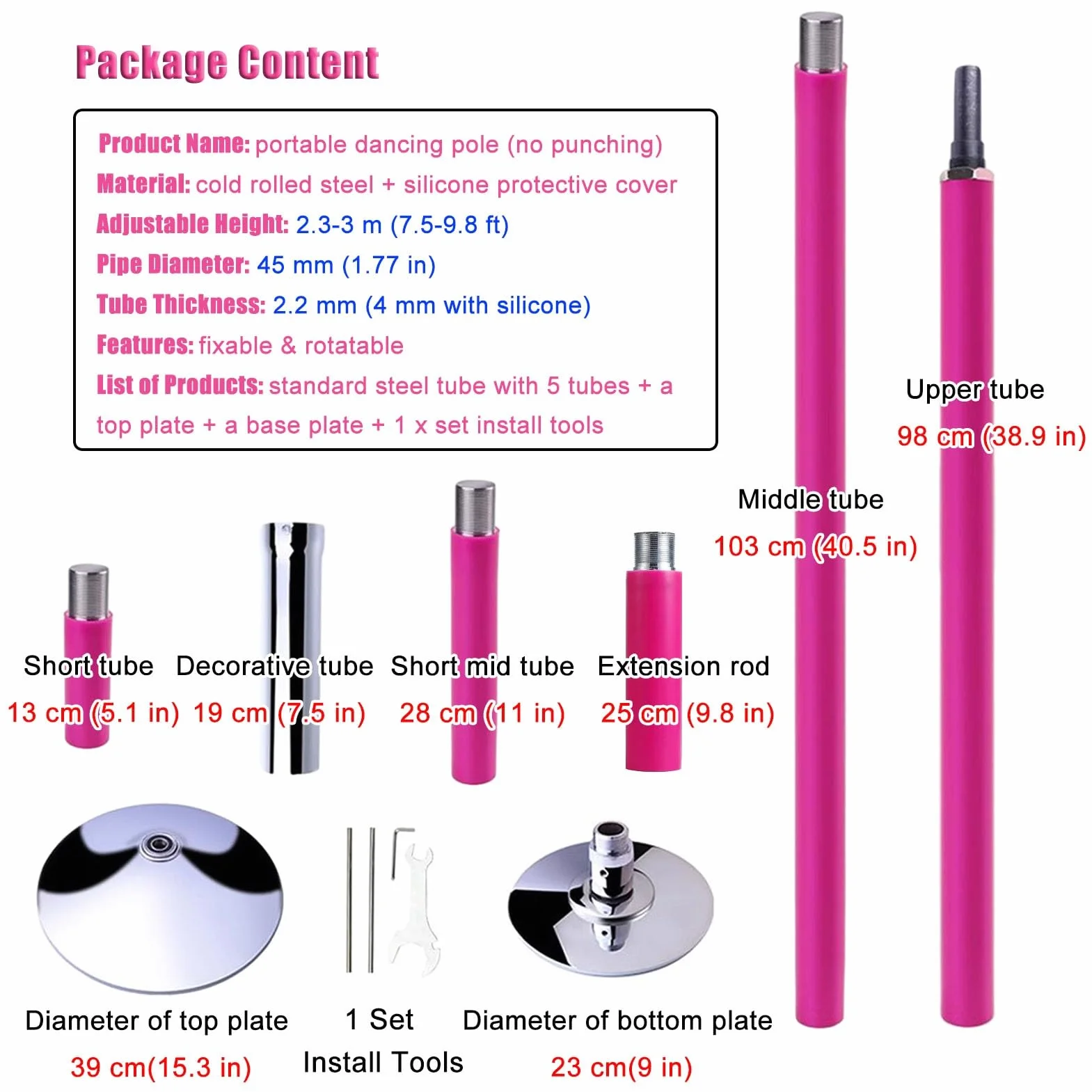 Bâton de danse autonome en silicone pour la maison, Spinning et statique, kit de pole dance portable, 2,3–3 m réglable pour le fitness/exercice, hauteur 2,3–3 m