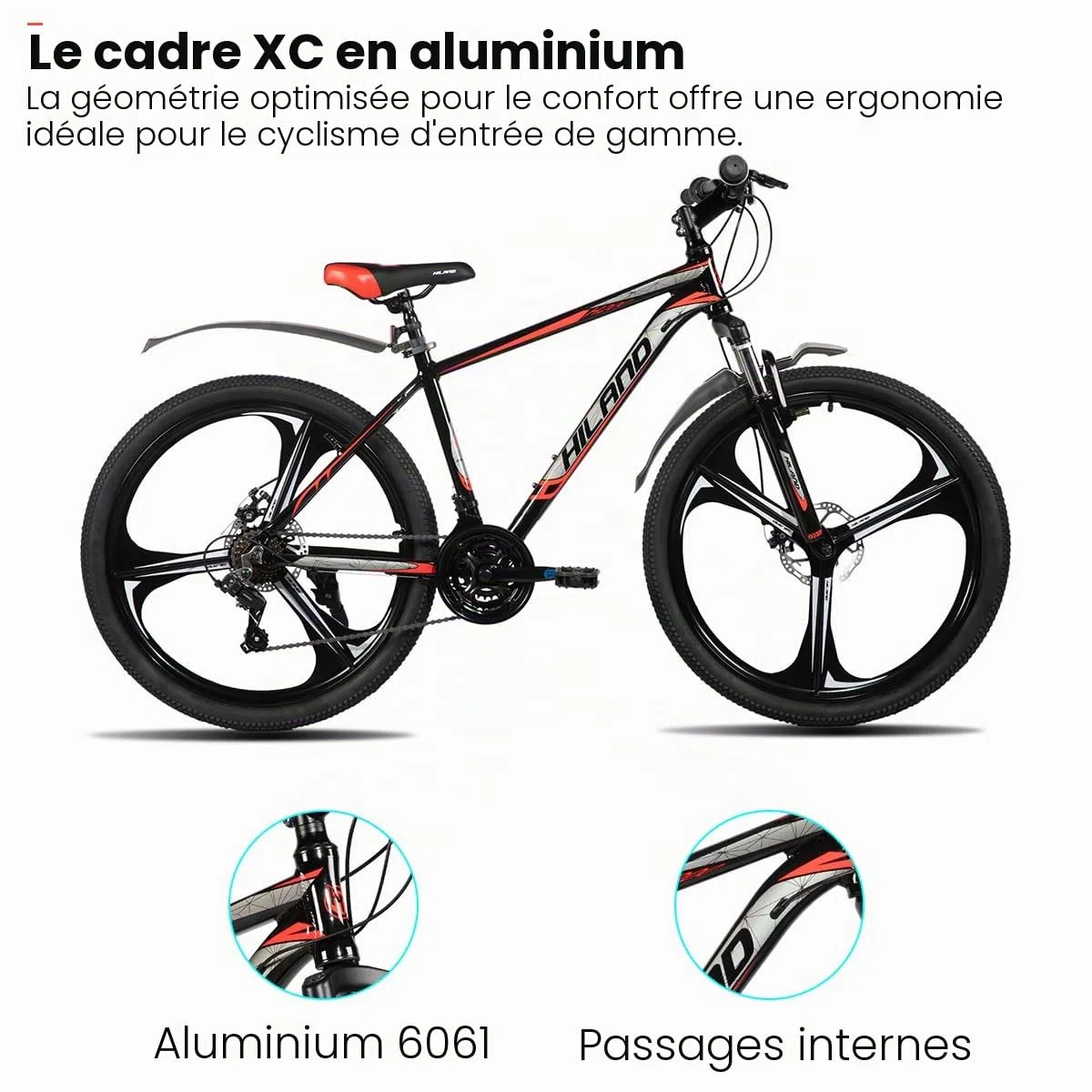 Hiland Mountain Bike pour adultes 26 pouces, freins à disque avant et arrière, 3/6 rayons, 18 vitesses, unisexe, fourche, amortissement, cadre en aluminium léger